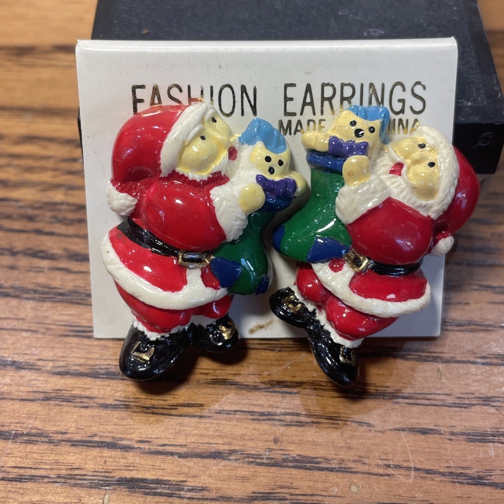 Vintage Santa Claus with Santa Sack Presents Toys Clip On Earrings